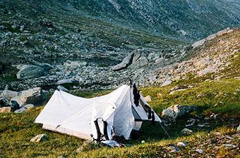 One-person tent (Hyperlite tent set up in mountains)